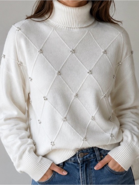 Twelve By Ontwelfth Sweaters - Women's Cream Turtleneck Sweater with Bead-Embellished Diamond Knit